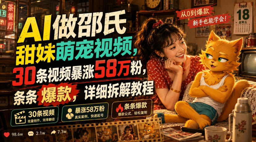 AI做邵氏甜妹萌宠视频，30条视频暴涨58万粉，条条爆款，详细拆解教程-项目网