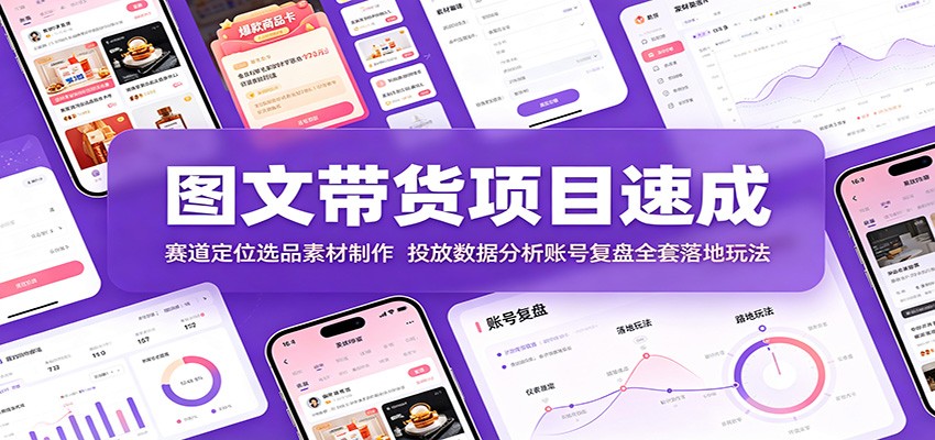 图文带货项目速成:赛道定位选品素材制作,投放数据分析账号复盘全套落地玩法-项目网
