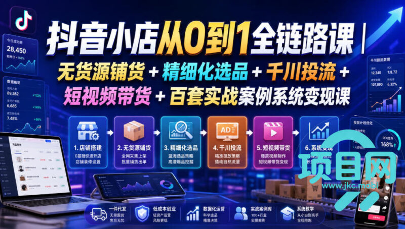 抖音小店从0到1全链路课|无货源铺货+精细化选品+千川投流+短视频带货+百套实战案例系统变现课(2026年7月更新)-项目网