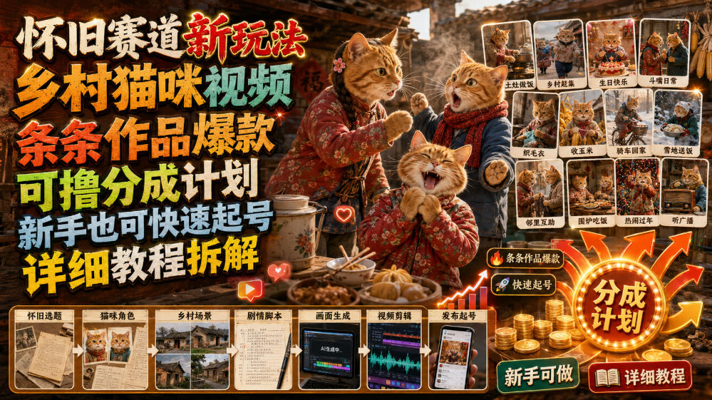 怀旧赛道新玩法,乡村猫咪视频,条条作品爆款,可撸分成计划,新手也可快速起号,详细教程拆解-项目网