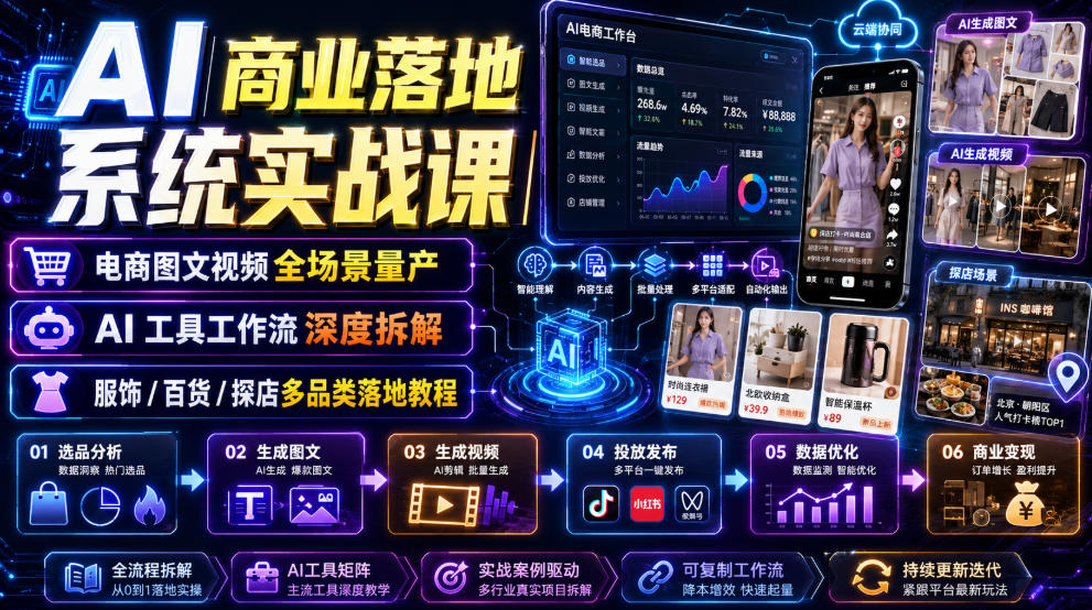 AI商业落地系统实战课｜电商图文视频全场景量产・AI工具工作流深度拆解・服饰/百货/探店多品类落地教程-项目网