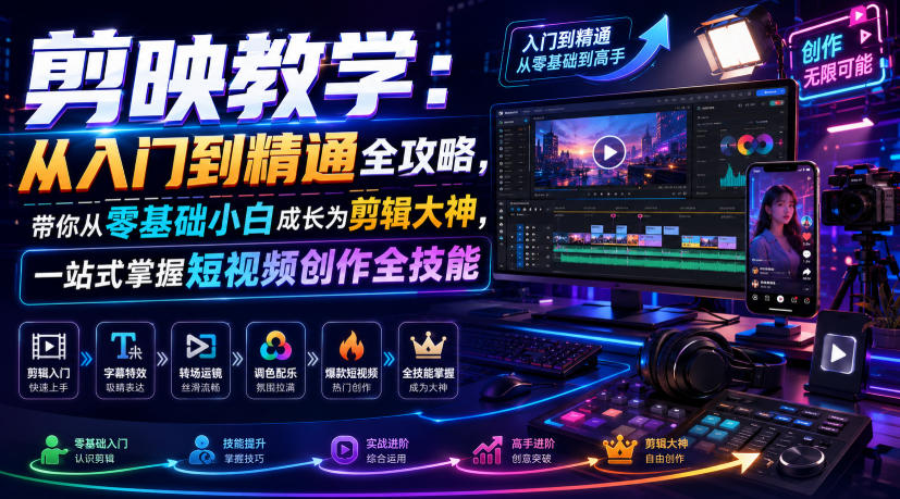 剪映教学：从入门到精通全攻略，带你从零基础小白成长为剪辑大神，一站式掌握短视频创作全技能-项目网
