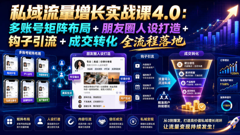 私域流量增长实战课4.0：多账号矩阵布局+朋友圈人设打造+钩子引流+成交转化全流程落地-项目网