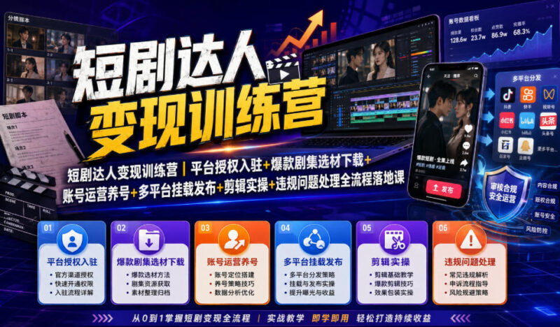 短剧达人变现训练营｜平台授权入驻+爆款剧集选材下载+账号运营养号+多平台挂载发布+剪辑实操+违规问题处理全流程落地课-项目网