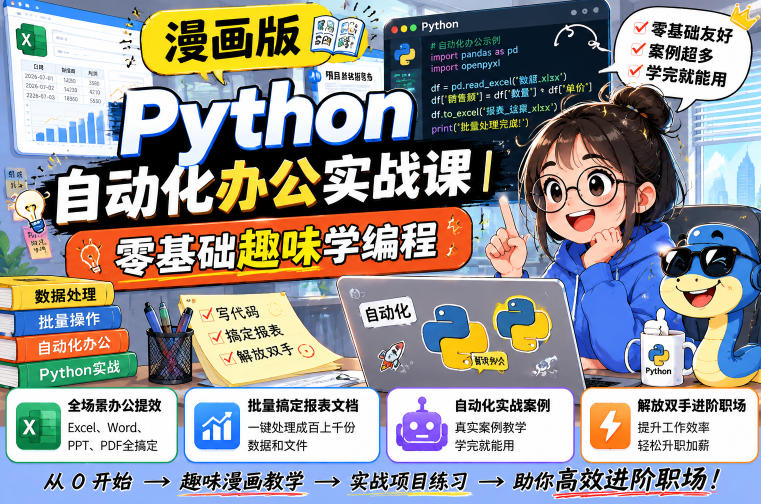 漫画版Python自动化办公实战课｜零基础趣味学编程，全场景办公提效、批量搞定报表文档、解放双手进阶职场-项目网