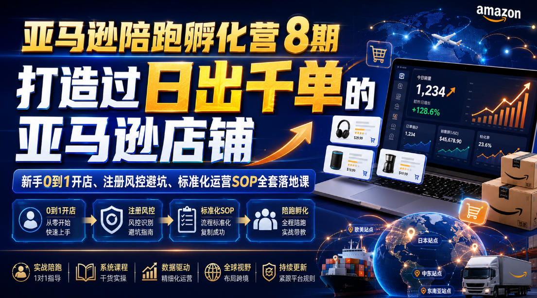 亚马逊陪跑孵化营8期，打造过日出千单的亚马逊店铺，新手0到1开店、注册风控避坑、标准化运营SOP全套落地课-项目网