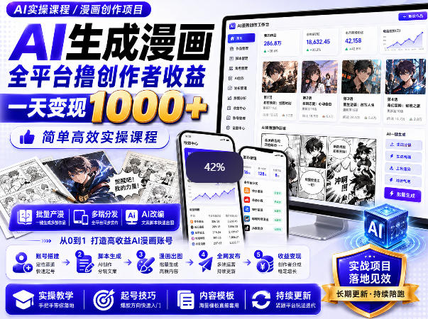 AI生成漫画全平台撸创作者收益内部课程，实操最高单日变现1k+-项目网