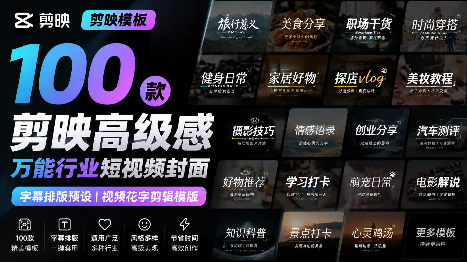 【剪映模板】100款剪映高级感万能行业短视频封面字幕排版预设视频花字剪辑模版-项目网