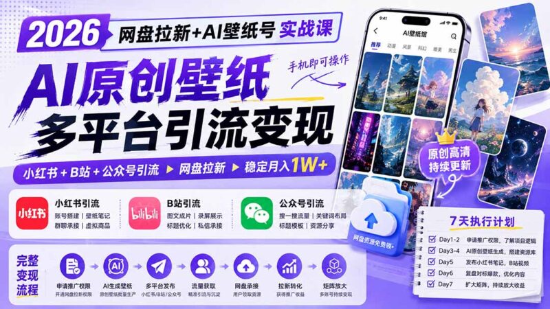 2026网盘拉新+AI壁纸号实战课:AI原创壁纸+小红书+B站+公众号引流,手机即可操作,月入1W+-项目网