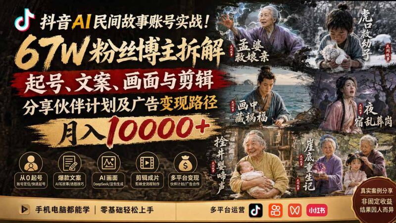 抖音AI民间故事账号实战!67W粉丝博主拆解起号、文案、画面与剪辑,分享伙伴计划及广告变现路径,月入10000+-项目网