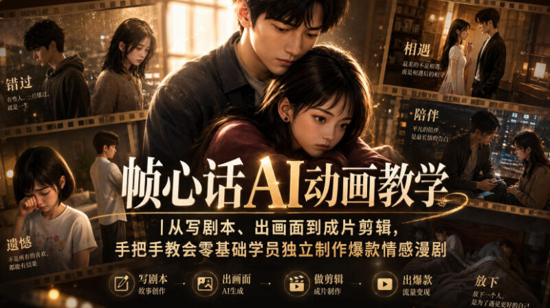 帧心话AI动画教学|从写剧本、出画面到成片剪辑,手把手教会零基础学员独立制作爆款情感漫剧-项目网