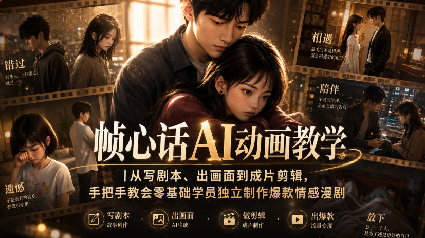 帧心话AI动画教学｜从写剧本、出画面到成片剪辑，手把手教会零基础学员独立制作爆款情感漫剧-项目网
