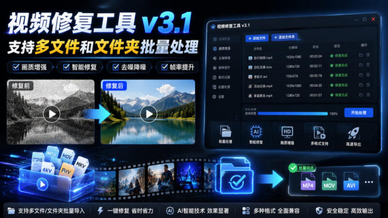 视频修复工具v3.1,支持多文件和文件夹批量处理-项目网