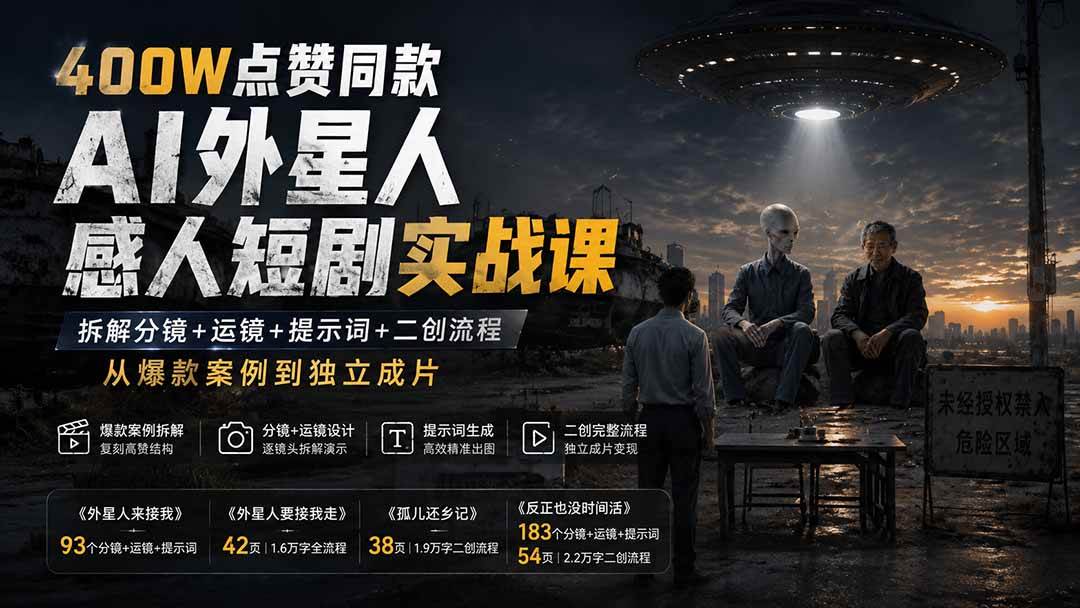 400W点赞同款AI外星人感人短剧实战课：拆解分镜+运镜+提示词+二创流程，从爆款案例到独立成片-项目网