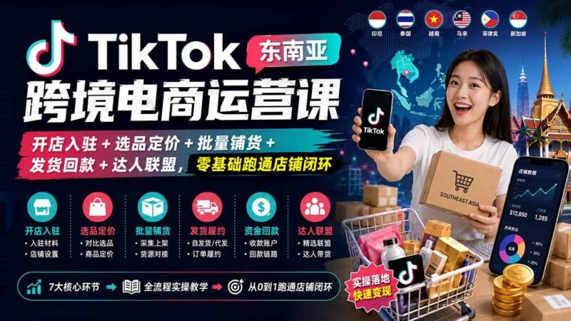 TikTok东南亚跨境电商运营课：开店入驻+选品定价+批量铺货+发货回款+达人联盟，零基础跑通店铺闭环-项目网