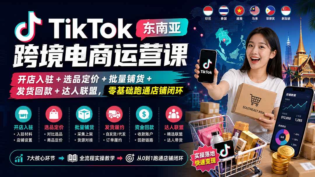 TikTok东南亚跨境电商运营课：开店入驻+选品定价+批量铺货+发货回款+达人联盟，零基础跑通店铺闭环-项目网