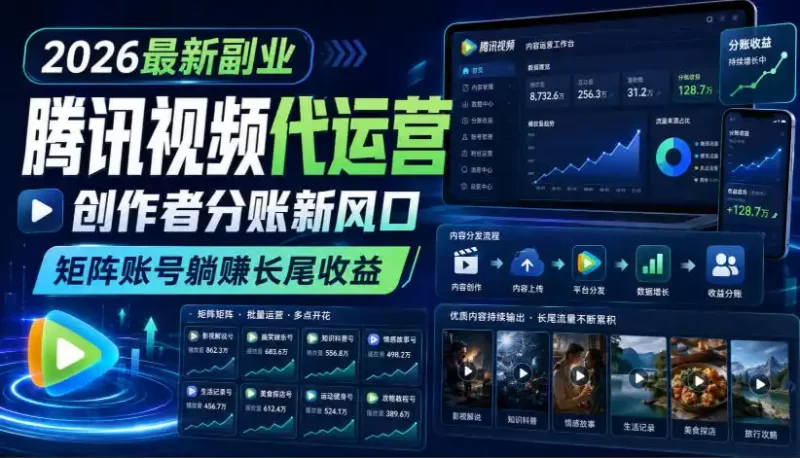 2026最新副业之腾讯视频代运营：创作者分账新风口，矩阵账号躺賺长尾收益【揭秘】-项目网
