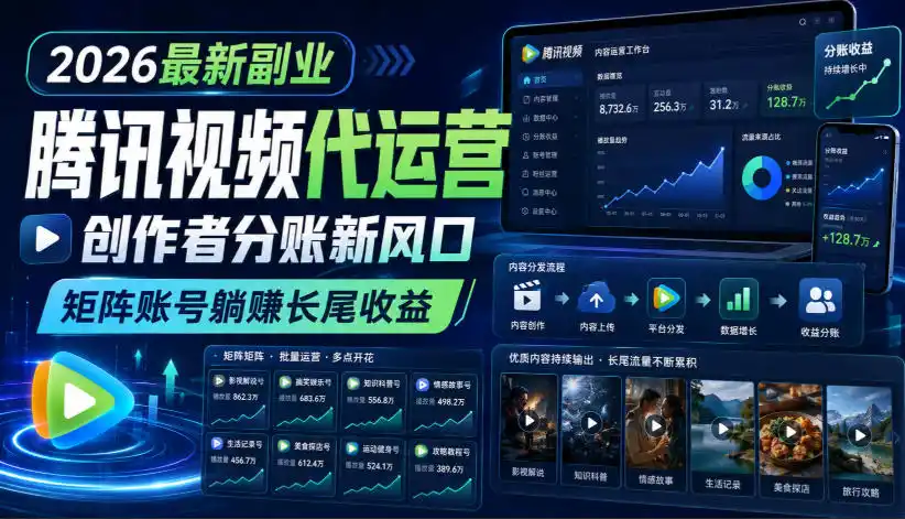 2026最新副业之腾讯视频代运营:创作者分账新风口,矩阵账号躺賺长尾收益【揭秘】-项目网