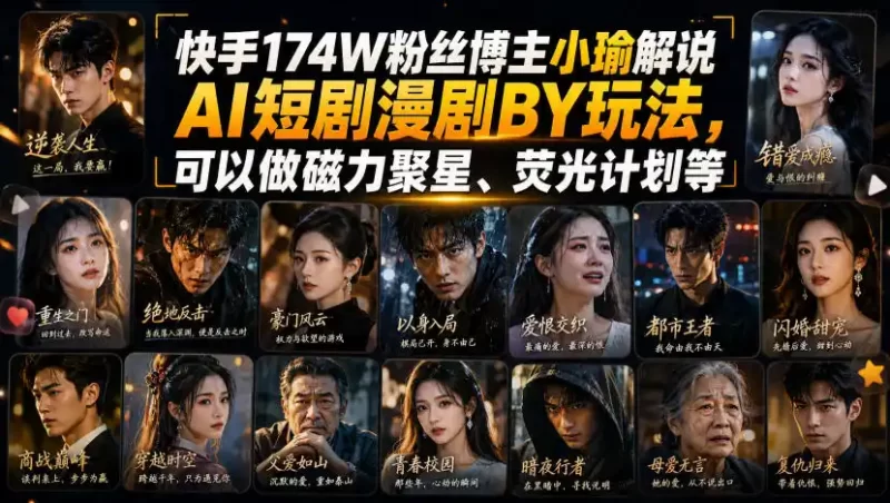 快手174W粉丝博主小瑜解说AI短剧漫剧搬运玩法,可以做磁力聚星、荧光计划等-项目网