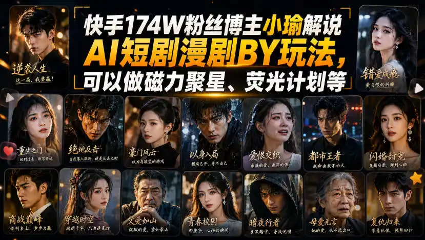 快手174W粉丝博主小瑜解说AI短剧漫剧搬运玩法,可以做磁力聚星、荧光计划等-项目网