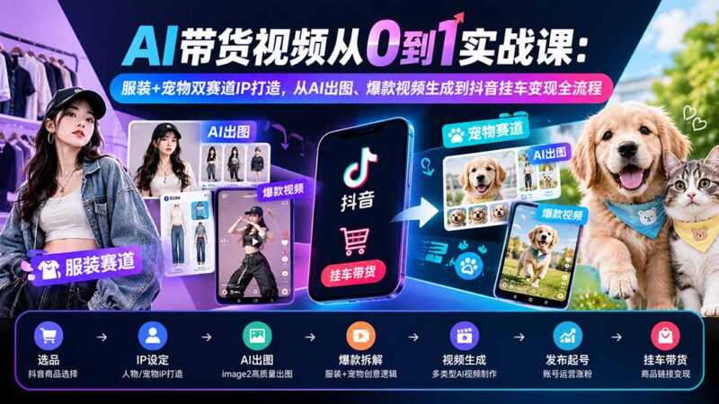 AI带货视频从0到1实战课:服装+宠物双赛道IP打造,从AI出图、爆款视频生成到抖音挂车变现全流程-项目网
