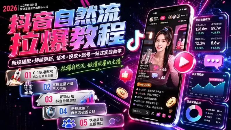 抖音自然流拉爆教程-更新8月：做懂流量的主播，新规适配+持续更新，话术+投放+起号一站式实战教学-项目网
