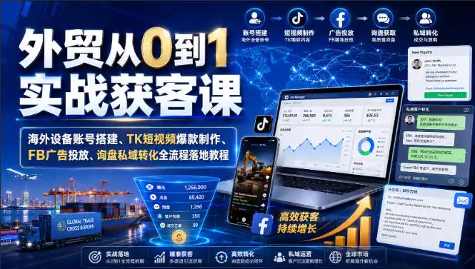 外贸从0到1实战获客课|海外设备账号搭建、TK短视频爆款制作、FB广告投放、询盘私域转化全流程落地教程-项目网